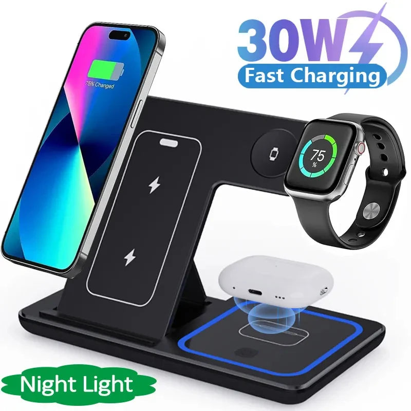 3 In 1 Foldable Wireless Charger Stand For iPhone 15 14 13 12 Pro Max Plus IWatch AirPods 3/2 Fast Charging Station Dock Holder - Top10Discount