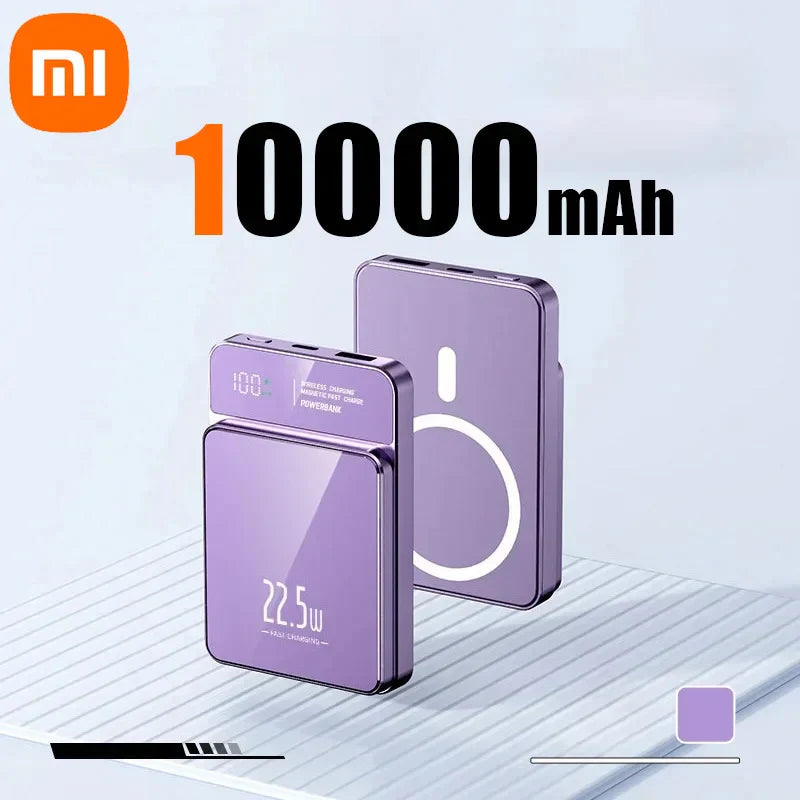 Xiaomi Ultra-Fast Magnetic Power Bank 10000mAh in purple, featuring a digital display and wireless charging capabilities.