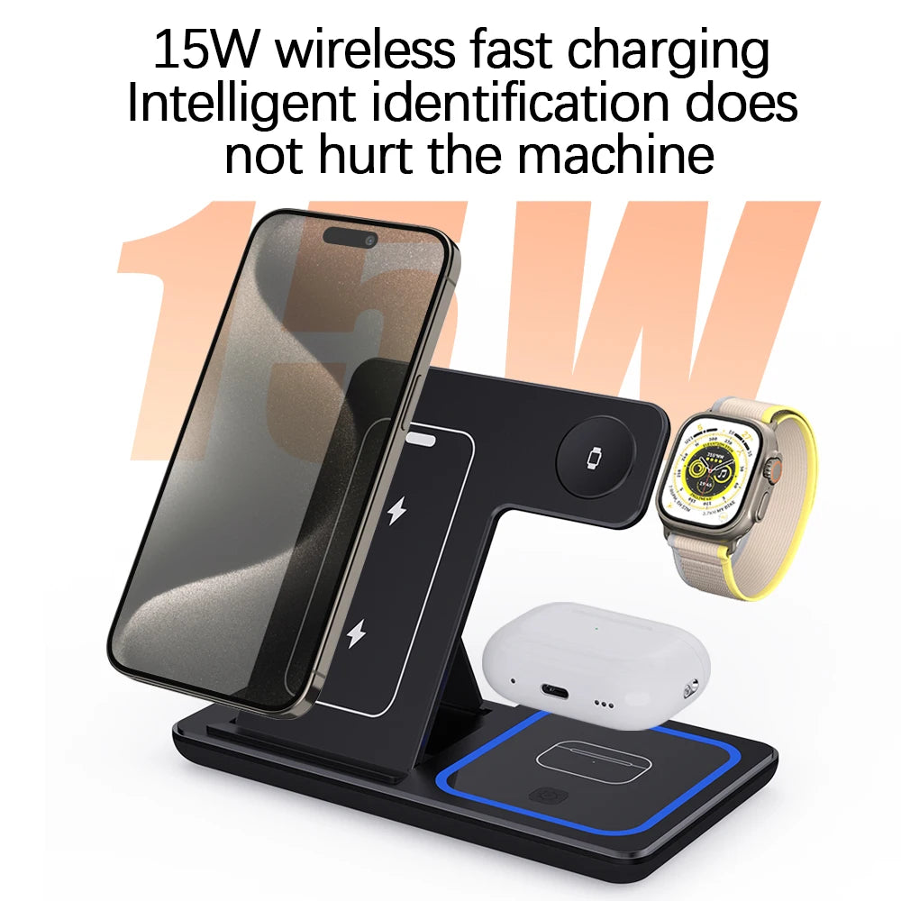 3 In 1 Foldable Wireless Charger Stand For iPhone 15 14 13 12 Pro Max Plus IWatch AirPods 3/2 Fast Charging Station Dock Holder - Top10Discount