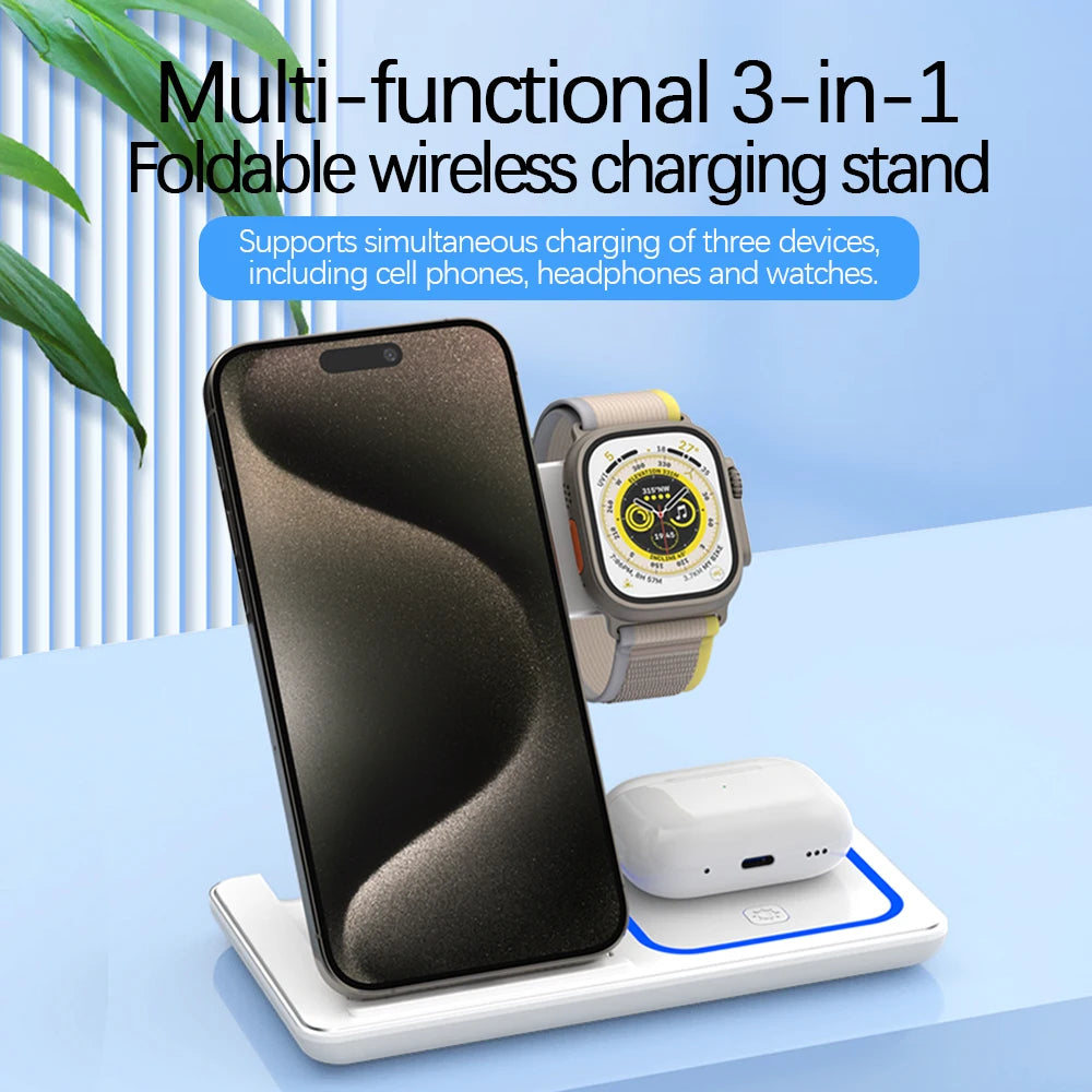 3 In 1 Foldable Wireless Charger Stand For iPhone 15 14 13 12 Pro Max Plus IWatch AirPods 3/2 Fast Charging Station Dock Holder - Top10Discount