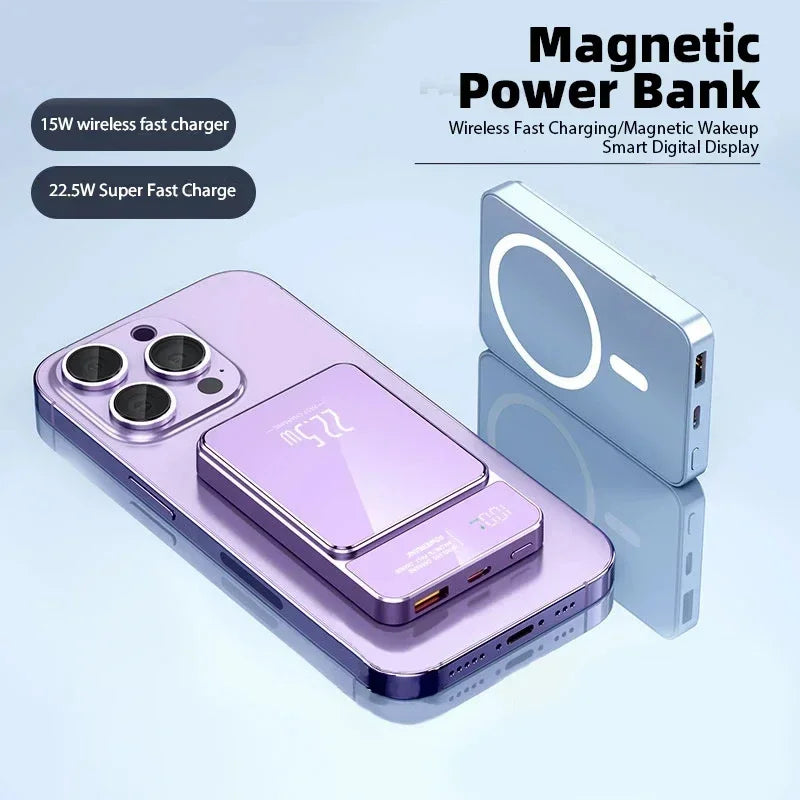 Xiaomi 50000mAh magnetic power bank with wireless fast charging and digital display, suitable for iPhone and other smartphones.