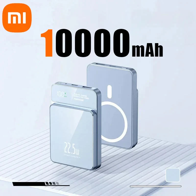 Xiaomi Power Bank 10000mAh with magnetic charging and digital display, featuring fast charging capabilities.