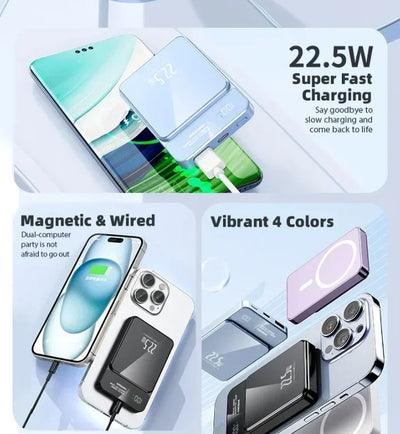 Xiaomi Power Bank with 22.5W super fast charging, magnetic and wired options, available in four vibrant colors.